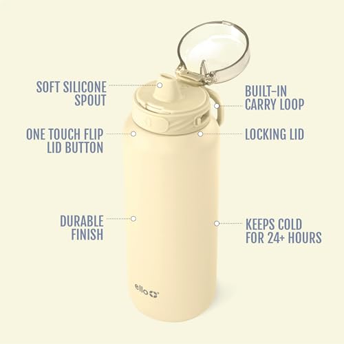 Image of Ello Cooper 22oz Stainless Steel Water Bottle Vacuum Insulated with Straw and Carry Handle, Leak Proof Locking Lid with Soft Silicone Spout, Dishwasher Safe, Butter Yellow