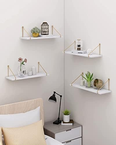 Image of Wall Shelf for Living Room, Wood Hanging Storage Organizer with Metallic Gold and Black Accents, Modern Wall-Mounted Decorative Floating Shelves for Bedroom, Office, or Entryway (White)