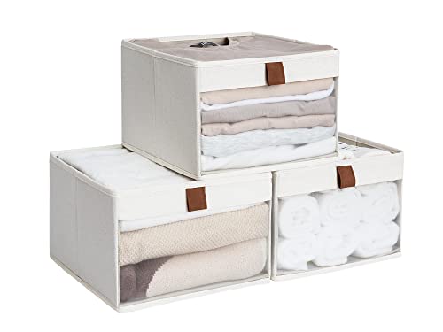 Image of StorageWorks Closet Storage Bins with Clear Window and 2 Handles, Foldable Clothing Bins for Shelves, Fabric Organizer, Beige, 3 Pack