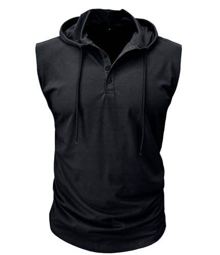 MakingDa ärmellos Shirt Herren Knöpfe Muscle Gym Sommer Einfarbig Golf Freizeit Hoodie Klassisch Atmungsaktiv Leicht Slim Fit Passform Arbeits Weste Schwarz L