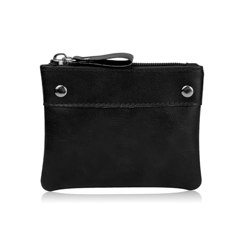 Coin Purse for Men Women, Soft Leather Change Wallet Small Coin Pocket with Zipper for Storing Coin Cards Keys (Black)