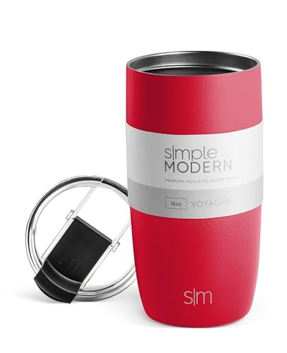 Simple Modern Travel Coffee Mug Tumbler with Flip Lid | Reusable Insulated Stainless Steel Cold Brew Iced Coffee Cup Thermos | Gifts for Women Men Him Her | Voyager Collection | 16oz | Ember Red