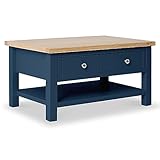 RoselandFurniture Farro Navy Blue Large Coffee Table for Living Room with Storage Drawer, Shelves & Oak Top | Contemporary Painted Solid Wooden Rectangular Unit | H:45 W:85 D:55 cm