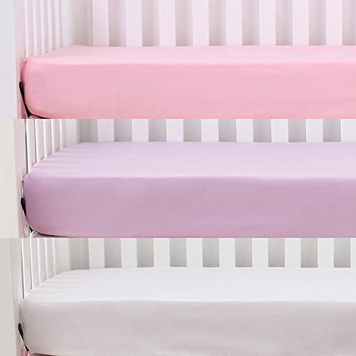 Image of Belsden 3 Pack Microfiber Durable Crib Sheets Fitted, Silky Soft Smooth Breathable Baby Sheets Set for Girls, 28''x52 Fits Standard Crib and Toddler Mattresses, Light Purple + Pink + White Colors