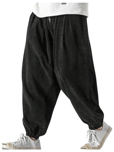 OYOANGLE Men's Casual Loose Fit Drop Crotch Pants Elastic Drawstring Waist Summer Baggy Tapered Sweatpants with Pockets