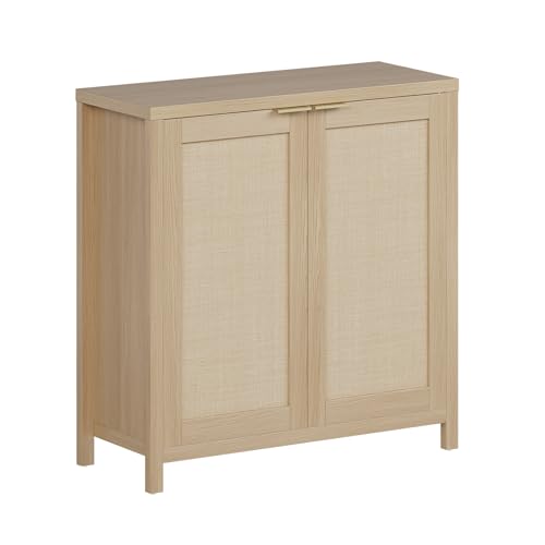 Image of Farmhouse Rattan Buffet Cabinet with Storage, 34.3 inch Accent Sideboard with Adjustable Shelves, Kitchen Console Table for Living Room, Dining Room & Entryway