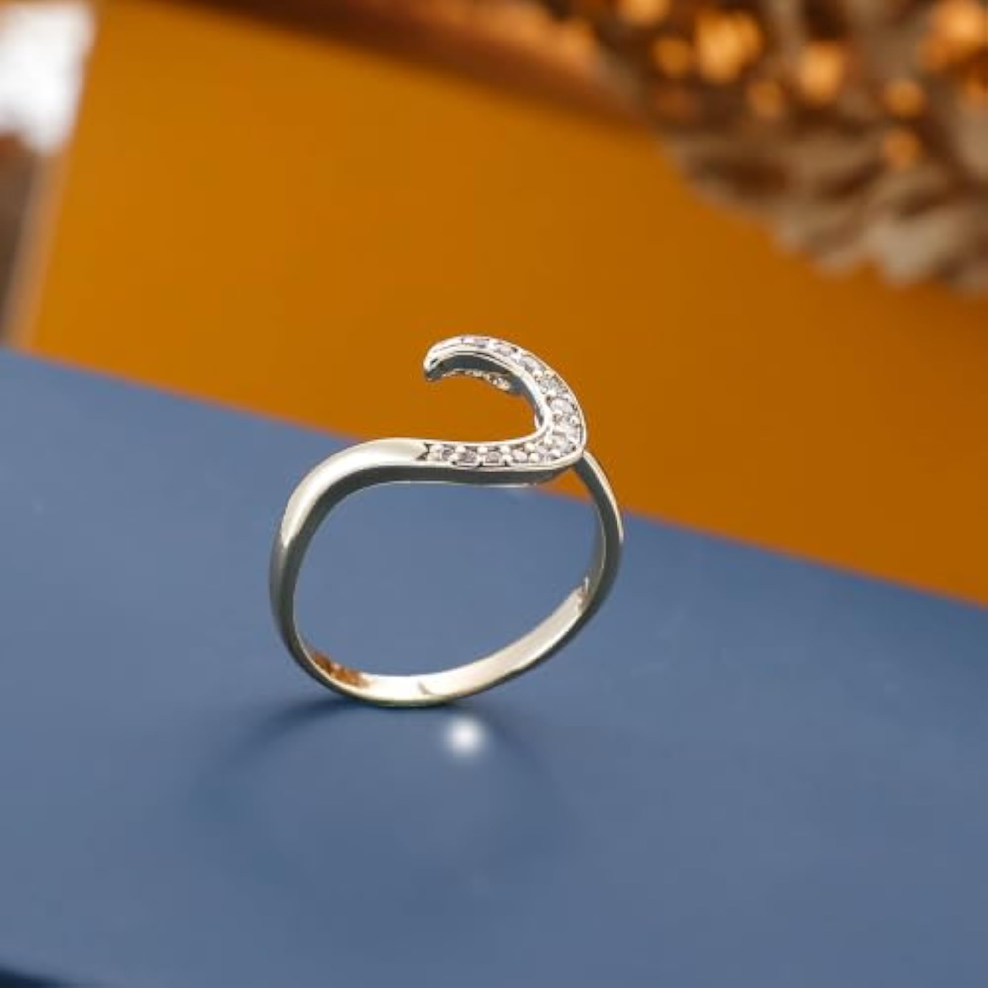 Women's Gold Plated Crescent Moon Ring, Celestial Minimalist CZ Adjustable