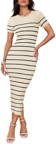 ZESICA Women's Summer Striped Short Sleeve Bodycon Sweater Dress