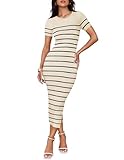 ZESICA Women's 2025 Summer Bodycon Midi Dress Striped Short Sleeve Ribbed Knit Slim Fit Side Slit Vacation Long Dresses,Apricot,Small