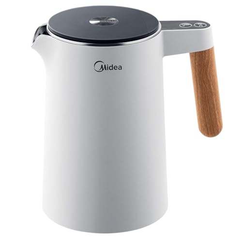Midea Hervidor de agua de acero inoxidable con ajuste de temperatura, 1,5 litros, 2200 W, hervidor de agua blanco, tetera con indicador de temperatura y funciones de seguridad, sin BPA