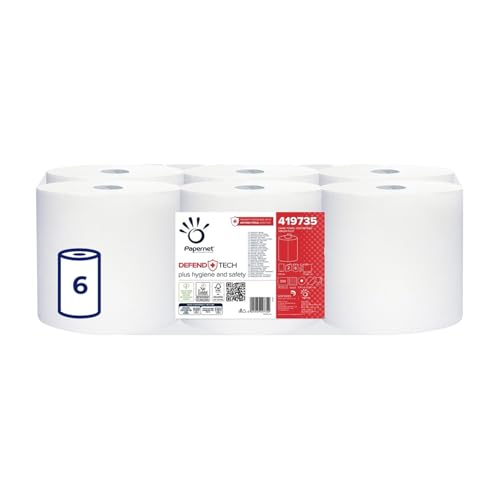 Papernet Defend Tech - Asciugamano in Rotolo Centrefeed 419735, 6 Rotoli di Carta in Pura Cellulosa da 115m, con Formula Antibatterica nell'imballaggio, 2 Veli, 330 Strappi per Rotolo da 19,7x35cm