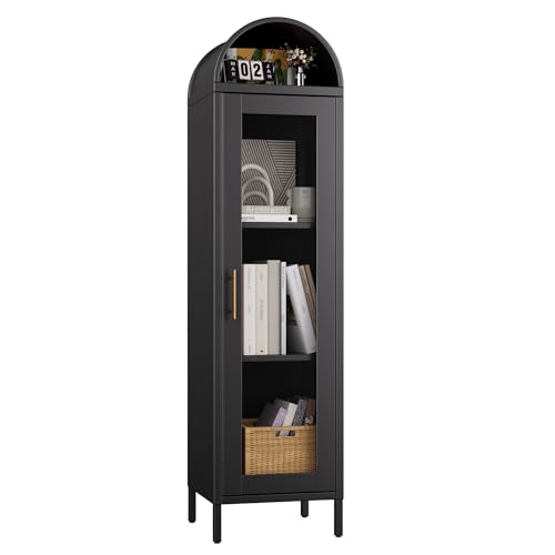Image of 63 inch H Metal Arched Display Cabinet with 2 Adjustable Shelves, Arch Bookcase with 1 Glass Door for Dining Room, Living Room, Office, Bathroom, Assembly Required (Black)