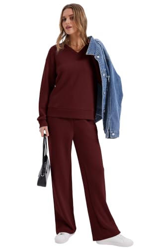 Image of WIHOLL Lounge Sets for Women 2026 V Neck 2 Piece Outfits Airport Wide Leg Pants Matching Set Sweatsuits