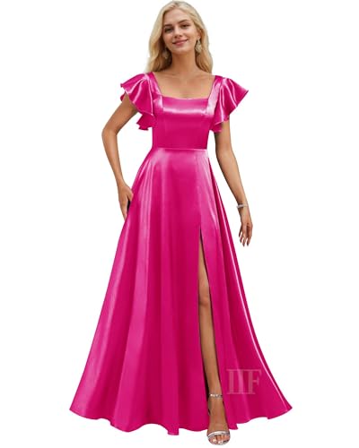 Image of IIF Short Sleeve Bridesmaid Dresses with Pockets Square Neck A-Line Satin Prom Gown Dress for Women with Slit IIF134