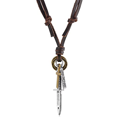 Collier vintage en cuir marron et pendentifs sculptés effet rétro