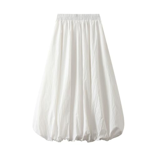 Womens Casual Lantern Skirts Elastic Waist Bubble Pompom Skirt Pleated A-Line Skirts Fluffy Fashion Party Skirt White