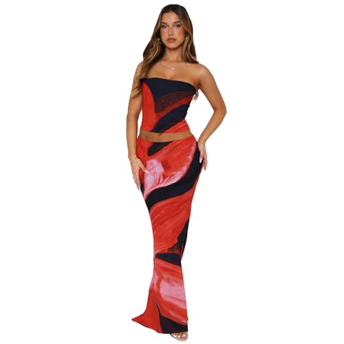Image of Goafuliy 2 Piece Skirt Sets for Women Summer, Floral Sleeveless Tube Top Bodycon Maxi Skirts Y2k Vacation Going Out Outfits