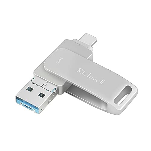 USB Flash Drive 256GB Thumb Drives Photo Stick USB3.0 iOS Memory Stick 3 in 1 External Drive Richwell Compatible Phone Pad Mac Android and PC (Silver-04ZK256G)