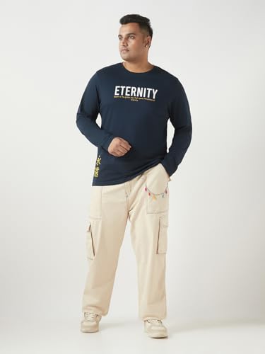 Image of Bewakoof Plus Men's Graphic Print Regular Fit Full Sleeve Round Neck Cotton Plus Size T-Shirt
