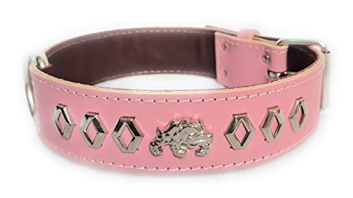 M&D - Collare per cani in pelle, larghezza 3,8 cm, con motivo decorativo e distintivo inglese e britannico bulldog (misura: 50,8 cm – 61 cm, colore: Rosa neonato)