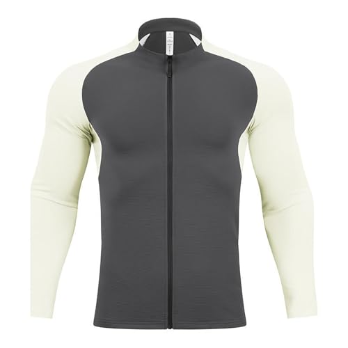 Camiseta deportiva para hombre con cremallera 1/4, cuello alto, camiseta de manga larga, transpirable, de secado rápido, camiseta de compresión, jersey para correr, fitness, correr, R Gris Claro, XXXL