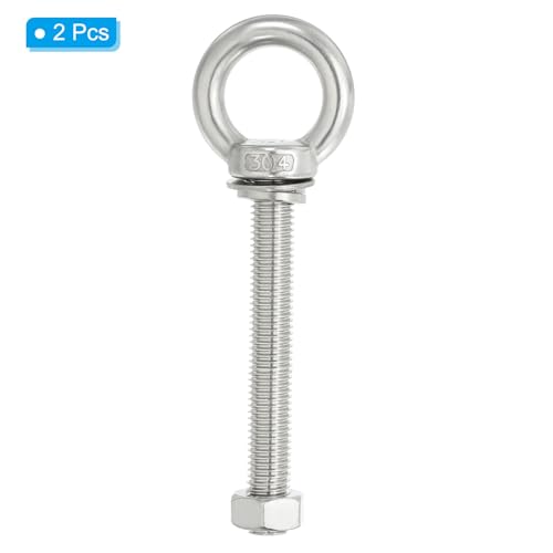Image of PATIKIL M14 x 100mm Lifting Shoulder Eye Bolt, 2Pcs 304 Stainless Steel Lifting Ring Threaded Eyebolt with Nuts Washers for Hanging Hammocks Articles