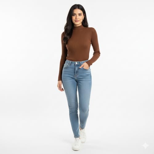 Image of Women Ribbed High Neck Full Sleeve Pullover Sweater|Solid Stretchable Slim Fit Winter Wear Top for Casual & Office Use
