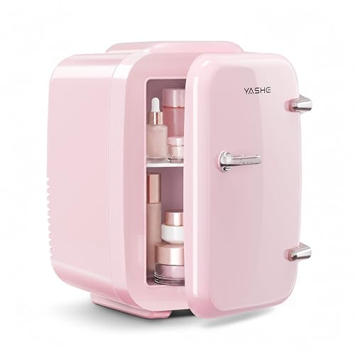 YASHE Mini Nevera, 4L Comética Pequeña Nevera para Dormitorio, CA 220V/ CC 12V para Coche, Enfriar y Calentar para Dormitorio, Portátil para Oficina, Escritorio (Rosa)