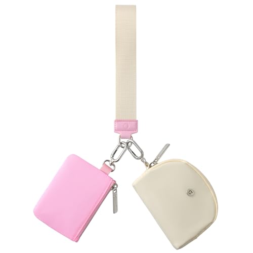 Image of Keychain Wallet Mini Zip Around Wristlet Wallets for Women Detachable Dual Pouch Wristlet Portable Coin Purse Small Wallets With RFID Blocking (Pink & Cream)