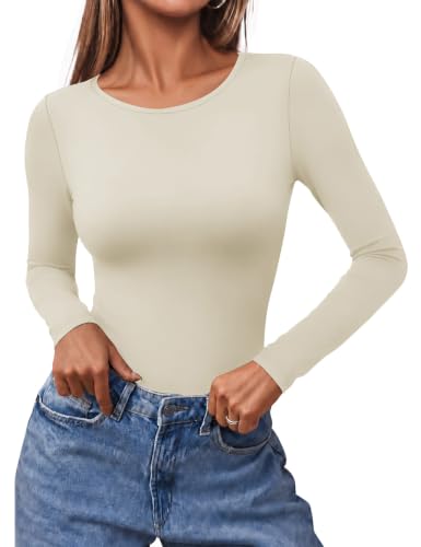 Ekouaer Long Sleeve Shirts for Women Scoop Neck Tight Slim Basic Fitted Top - image 1