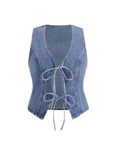 WDIRARA Women's Plus Size Bow Tie Front Denim Vest Jacket Western Sleeveless Jean Outerwear