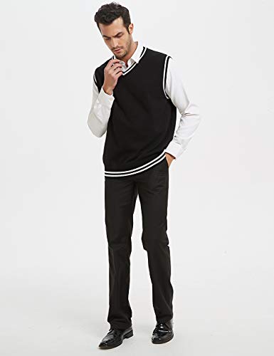 Toptie Mens Sweater Vest, Black And White Trimmed V-Neck Soft Knit Pullover #TOP7