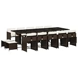 XHNIFBN 15 Piece Patio Dining Set with Cushions, Brown PE Rattan Outdoor Dining Furniture for Garden and Backyard, Space-Saving Cube Set with 10 Chairs 4 Stools and Glass Table