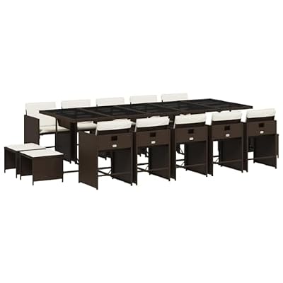 XHNIFBN 15 Piece Patio Dining Set with Cushions, Brown PE Rattan Outdoor Dining Furniture for Garden and Backyard, Space-Saving Cube Set with 10 Chairs 4 Stools and Glass Table