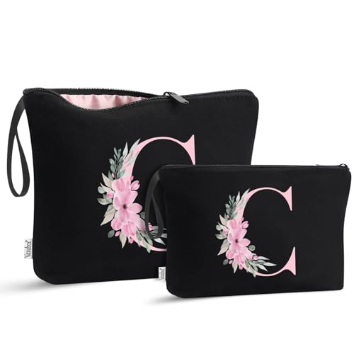 Image of Vavabox A-Z Personalized Makeup Bag, Birthday Gifts for Women Mom, Gifts for Best Friend, Bride Bridesmaid Cosmetic bag (C, 04-Black Set)