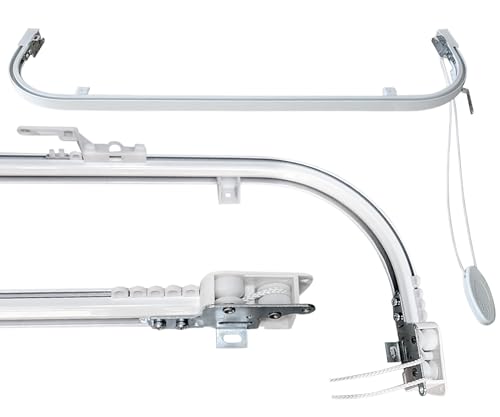 Riel de Techo Curvado en Aluminio Blanco Personalizable, Completo con Accesorios de Montaje, Movimiento con Cuerda, Barra de Cortinas Deslizante para Techo o Pared (140 CM APERTURA CENTRAL)