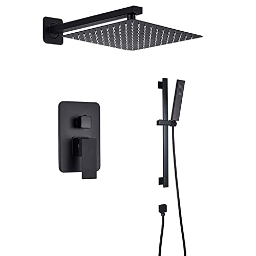 Système de douche mural noir mat avec pommeau de douche 40cm et douchette sur barre réglable
