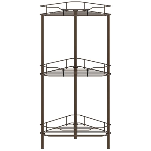 Image of HuggieGems 3 Tier Floor Standing Corner Shower Caddy Organizer Shelf with Hooks, Bathroom Shelves Stand Rack, Bronze