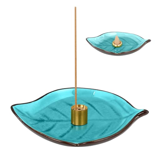 Corciosy Incense Holder for Sticks (9 Holes) and Cones, Handmade Ceramic Incense Ash Catcher for Meditation, Yoga, SPA Days, Relaxing, Home Decor, Candle Holder, Easy to Clean, Leaf-Shape (Blue)