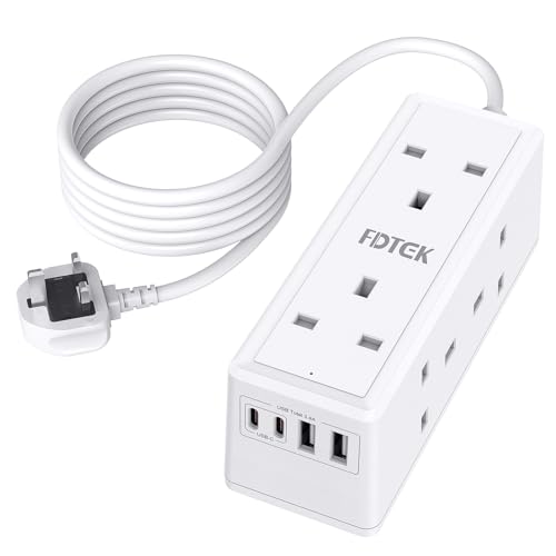 6 Way Extension Lead with USB Slots, FDTEK Socket Extension with 4 USB Ports, Mount Power Strip with 1.5M Extension Cords Overload Switch Desk Power Socket for Home Office