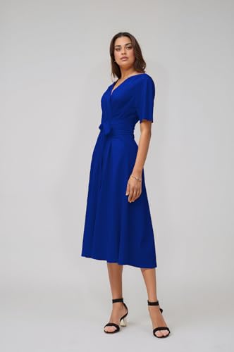 Image of Comfortable Dresses for Women Stretchy Flattering Fit Wrap Dress V Neck Short Sleeve Tie Waist Daily Wear Work Vacation