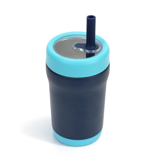 Zukro 12oz Kids & Toddlers Stainless Steel Tumbler With Straw Spill Proof | Flexible Straw, Double-wall Insulated, Cup for home, travel, Tritan Lid, Non-slip & Dishwasher Safe, BPA Free, Nav