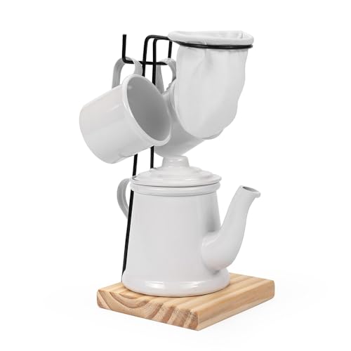 Suporte para Coador de Café com Bule e 2 Canecas, Base em Madeira