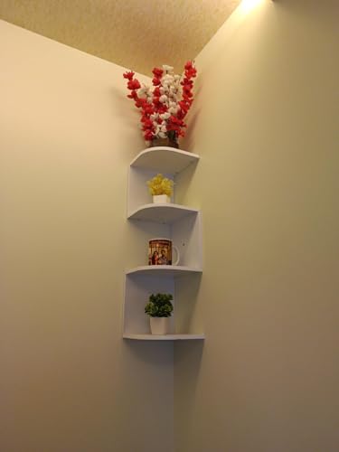 WooDinto Contemporary Zigzag Corner Wall Shelf for Living Room, Wall Organizers, Rack for Wall Decor, Display Shelves for Guestroom, Office - Engineered Wood (White, 4 - Tiers, White)