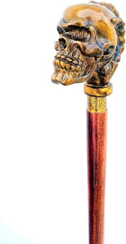 Canne tête de mort design sculpté bronze antique et poignée bois