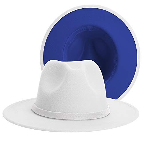 SAJUZEN Two Tone Fedora Hats for Women Wide Brim Felt Mens Fedora Hats White Blue