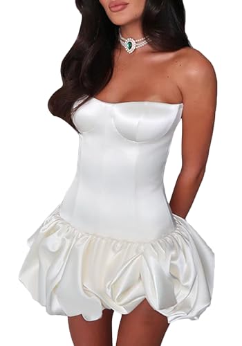 Image of Kwunbwa Women's Summer Strapless Bubble Mini Dress Ruched Ruffle Flowy A Line Dress Tube Top Dresses Party Clubwear