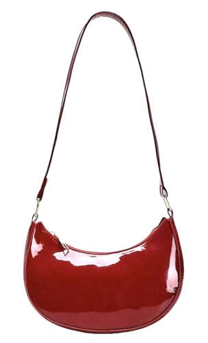 Image of Patent Leather Evening Purse Shiny Clutch MINI Hobos Armpit Shoulder Bag (Wine Red)