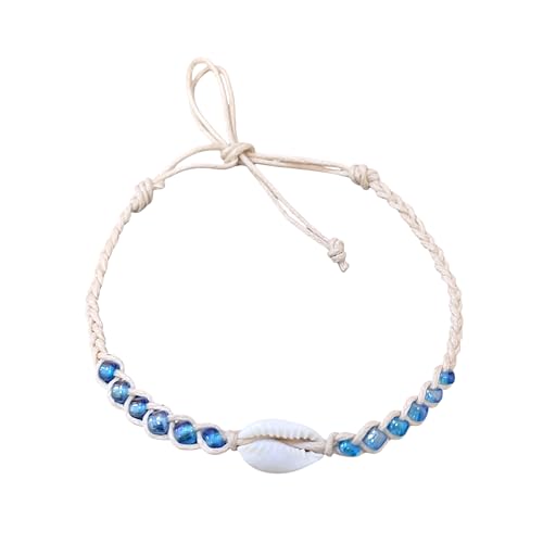 BlueRica Braided Cotton Anklet Bracelet with Cowrie Shell and Blue Glass Beads