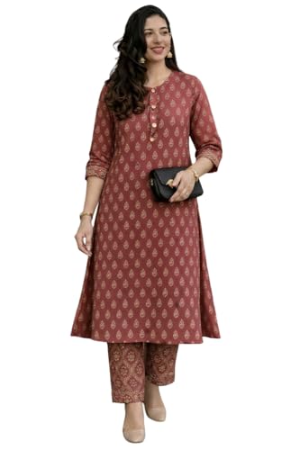 Image of ANNI Designer Kurta Set for Women Viscose Printed | Kurti Set for Woman | Kurta Pant Set | 2 Piece Set Women | Mandarin Neck 3 /4 Sleeve Regular Fit Stylish Ethnic Outfit Clothing